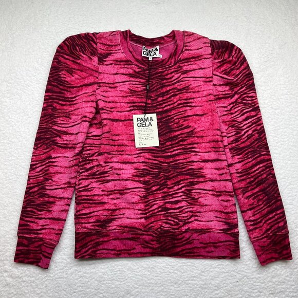 Pam & Gela Tops - NWT Pam & Gela | Tiger-Print Puff-Sleeve Sweatshirt 100% Pink Size Small